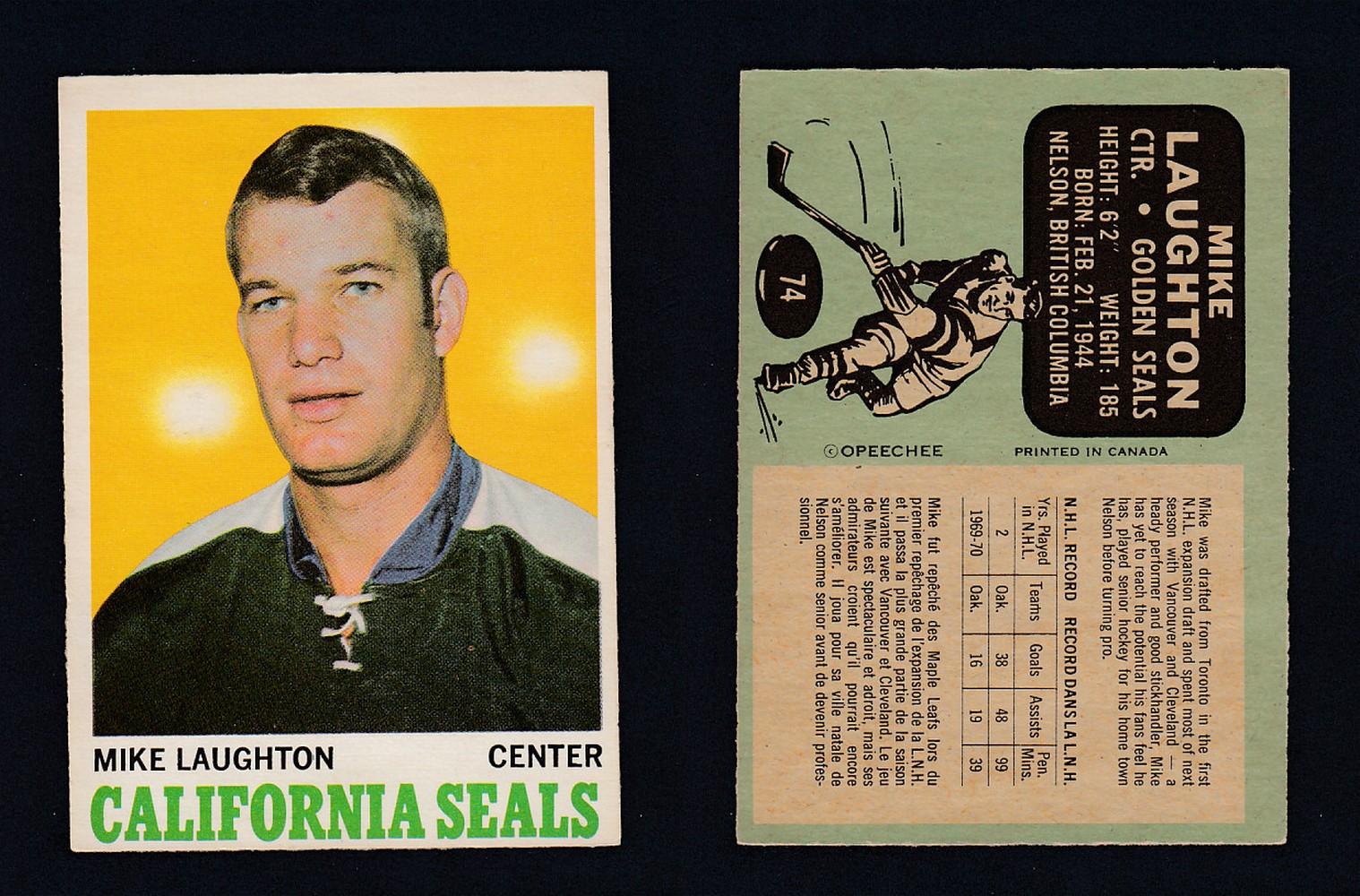 1970-71 O-PEE-CHEE HOCKEY CARD #74 M. LAUGHTON photo 1970-71 O-PEE-CHEE HOCKEY CARD #74 M. LAUGHTON photo