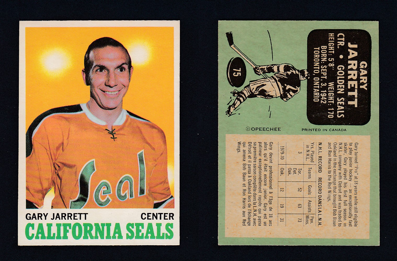1970-71 O-PEE-CHEE HOCKEY CARD #75 G. JARRETT photo 1970-71 O-PEE-CHEE HOCKEY CARD #75 G. JARRETT photo