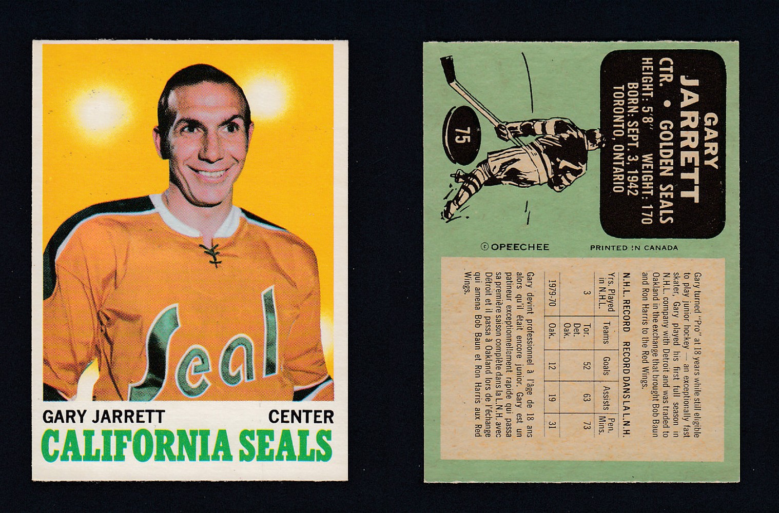 1970-71 O-PEE-CHEE HOCKEY CARD #75 G. JARRETT photo 1970-71 O-PEE-CHEE HOCKEY CARD #75 G. JARRETT photo