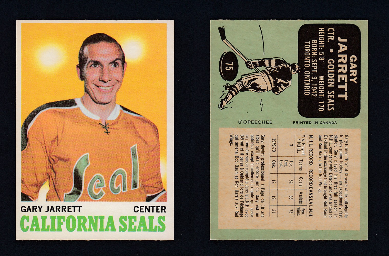 1970-71 O-PEE-CHEE HOCKEY CARD #75 G. JARRETT photo 1970-71 O-PEE-CHEE HOCKEY CARD #75 G. JARRETT photo