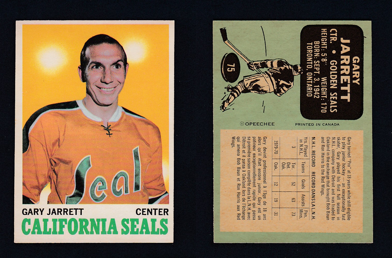1970-71 O-PEE-CHEE HOCKEY CARD #75 G. JARRETT photo 1970-71 O-PEE-CHEE HOCKEY CARD #75 G. JARRETT photo