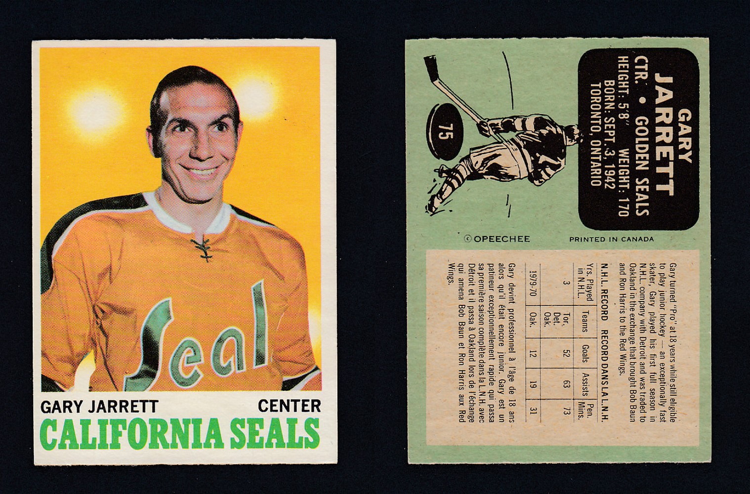 1970-71 O-PEE-CHEE HOCKEY CARD #75 G. JARRETT photo 1970-71 O-PEE-CHEE HOCKEY CARD #75 G. JARRETT photo