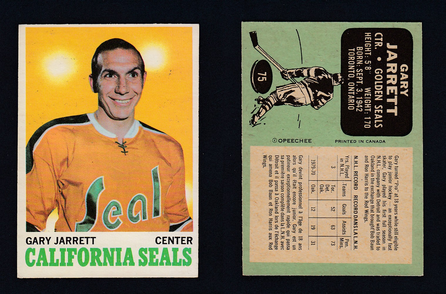 1970-71 O-PEE-CHEE HOCKEY CARD #75 G. JARRETT photo 1970-71 O-PEE-CHEE HOCKEY CARD #75 G. JARRETT photo