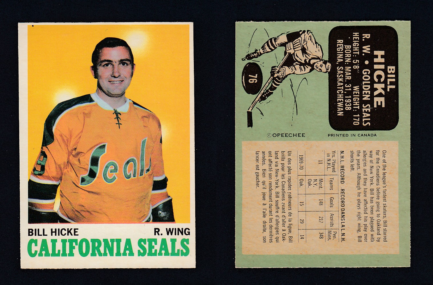 1970-71 O-PEE-CHEE HOCKEY CARD #76 B. HICKE photo 1970-71 O-PEE-CHEE HOCKEY CARD #76 B. HICKE photo