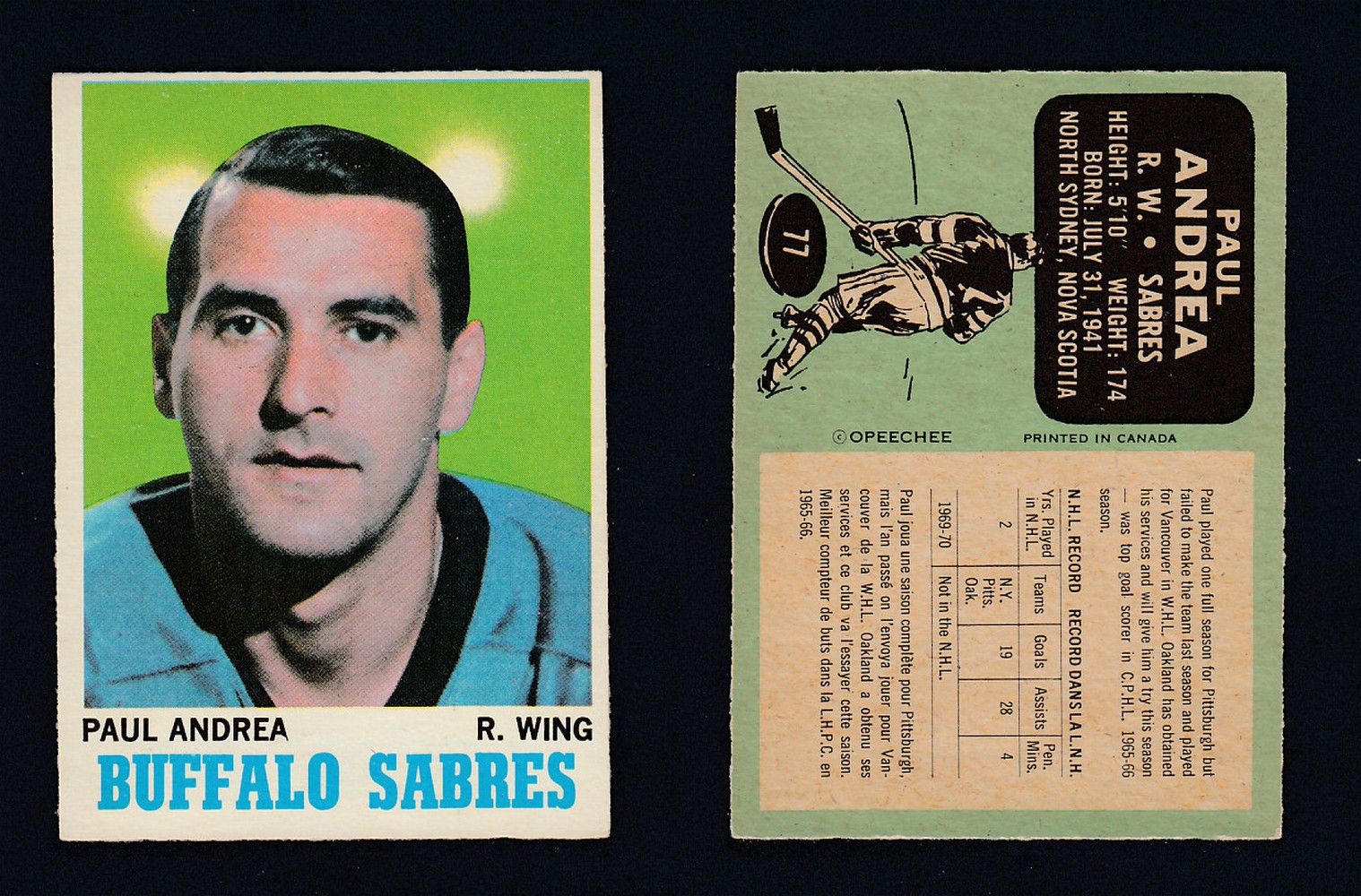 1970-71 O-PEE-CHEE HOCKEY CARD #77 P. ANDREA photo 1970-71 O-PEE-CHEE HOCKEY CARD #77 P. ANDREA photo