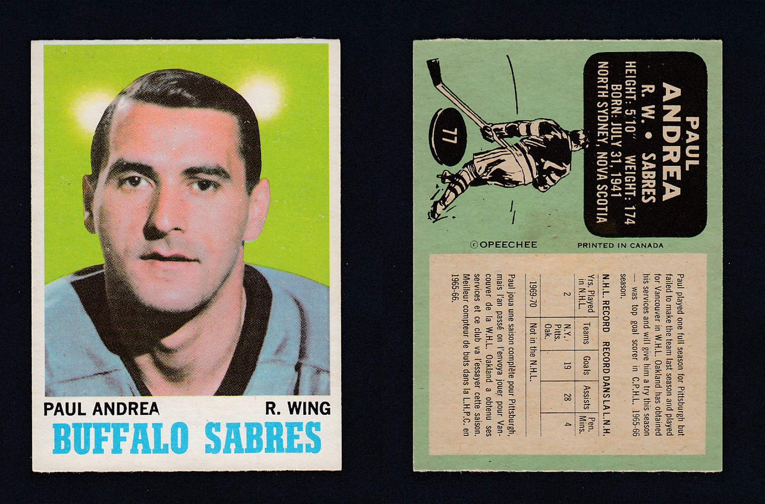 1970-71 O-PEE-CHEE HOCKEY CARD #77 P. ANDREA photo 1970-71 O-PEE-CHEE HOCKEY CARD #77 P. ANDREA photo