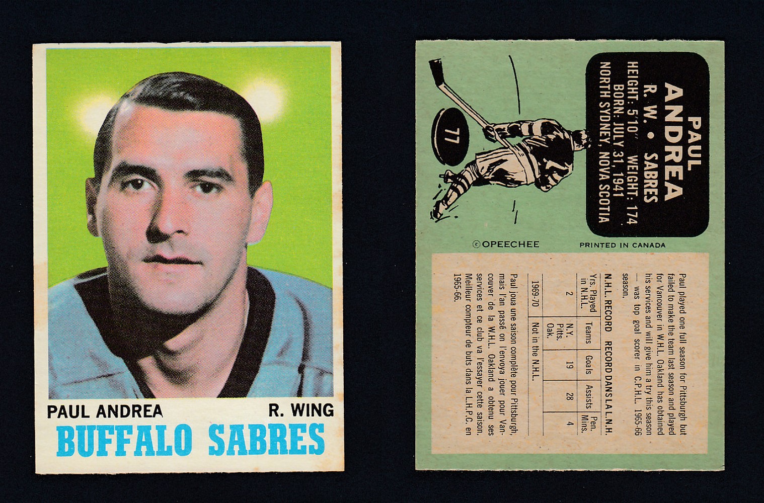 1970-71 O-PEE-CHEE HOCKEY CARD #77 P. ANDREA photo 1970-71 O-PEE-CHEE HOCKEY CARD #77 P. ANDREA photo