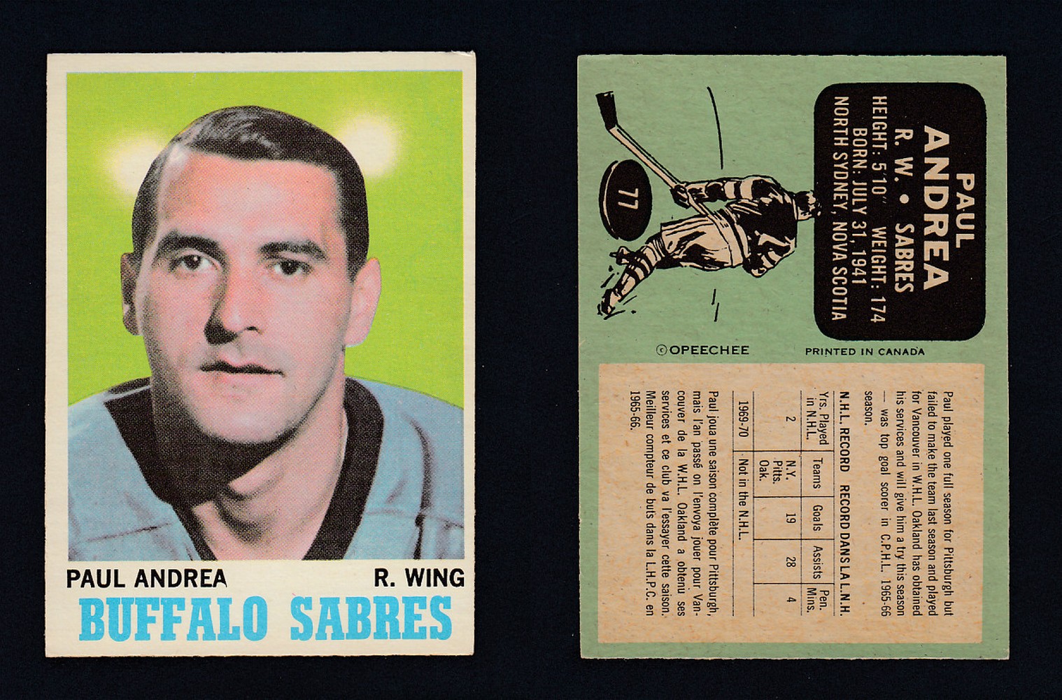 1970-71 O-PEE-CHEE HOCKEY CARD #77 P. ANDREA photo 1970-71 O-PEE-CHEE HOCKEY CARD #77 P. ANDREA photo