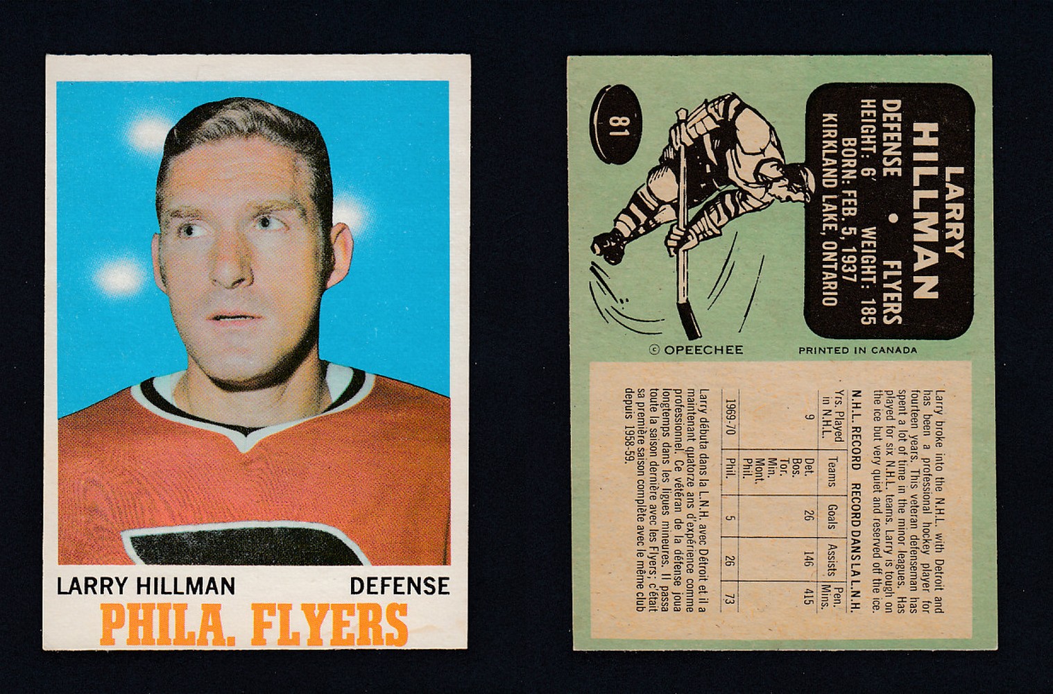 1970-71 O-PEE-CHEE HOCKEY CARD #81 L. HILLMAN photo 1970-71 O-PEE-CHEE HOCKEY CARD #81 L. HILLMAN photo