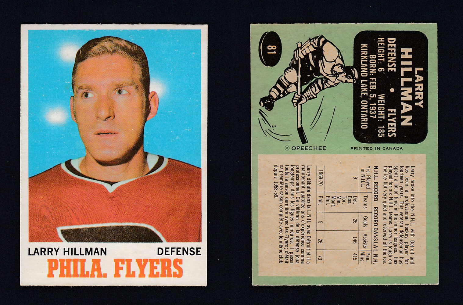 1970-71 O-PEE-CHEE HOCKEY CARD #81 L. HILLMAN photo 1970-71 O-PEE-CHEE HOCKEY CARD #81 L. HILLMAN photo