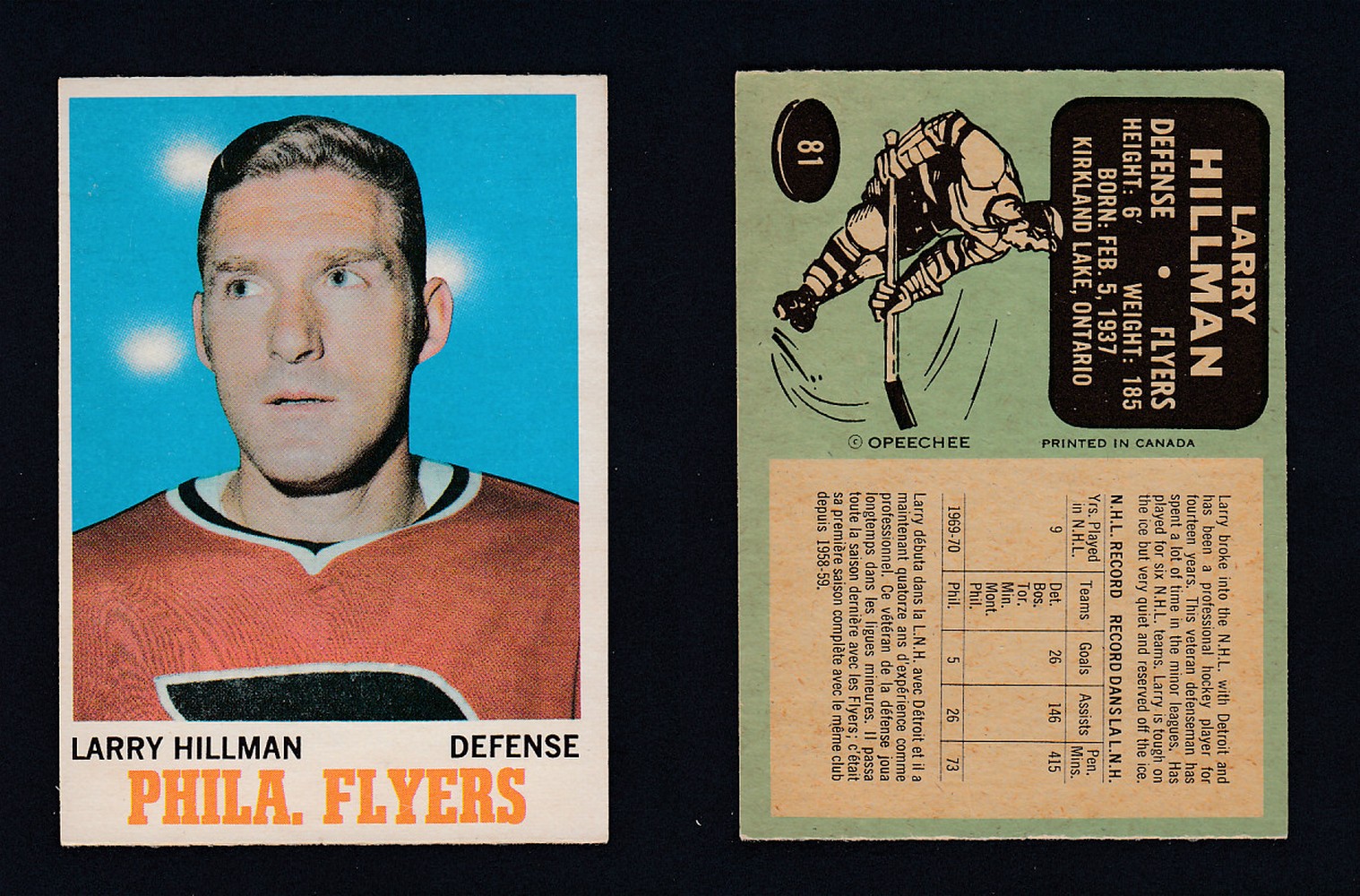 1970-71 O-PEE-CHEE HOCKEY CARD #81 L. HILLMAN photo 1970-71 O-PEE-CHEE HOCKEY CARD #81 L. HILLMAN photo