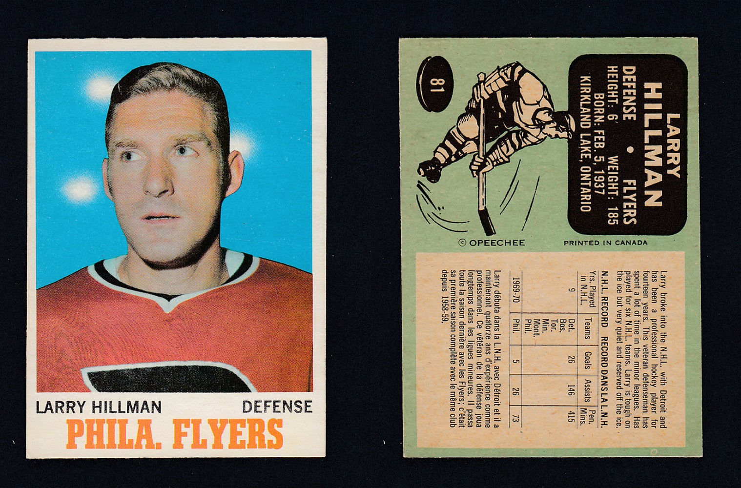 1970-71 O-PEE-CHEE HOCKEY CARD #81 L. HILLMAN photo 1970-71 O-PEE-CHEE HOCKEY CARD #81 L. HILLMAN photo