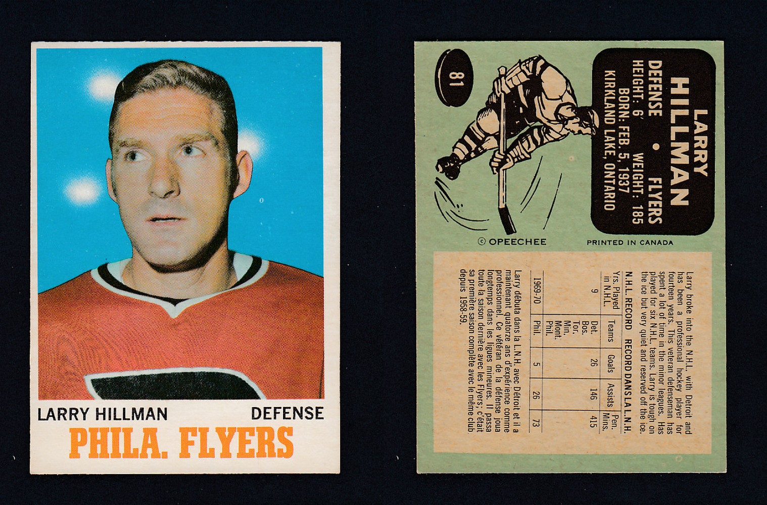 1970-71 O-PEE-CHEE HOCKEY CARD #81 L. HILLMAN photo 1970-71 O-PEE-CHEE HOCKEY CARD #81 L. HILLMAN photo