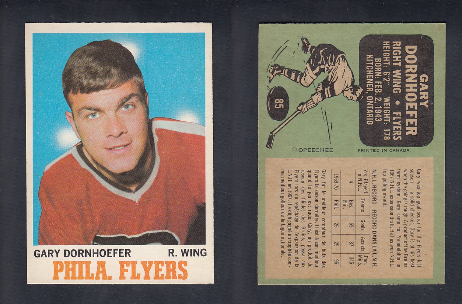1970-71 O-PEE-CHEE HOCKEY CARD #85 G. DORNHOEFER photo 1970-71 O-PEE-CHEE HOCKEY CARD #85 G. DORNHOEFER photo