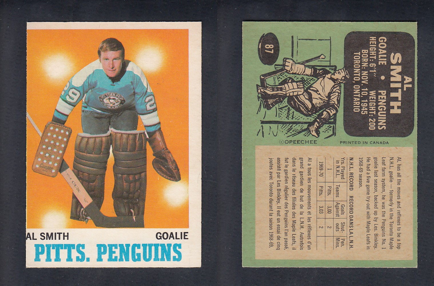 1970-71 O-PEE-CHEE HOCKEY CARD #87 A. SMITH photo 1970-71 O-PEE-CHEE HOCKEY CARD #87 A. SMITH photo