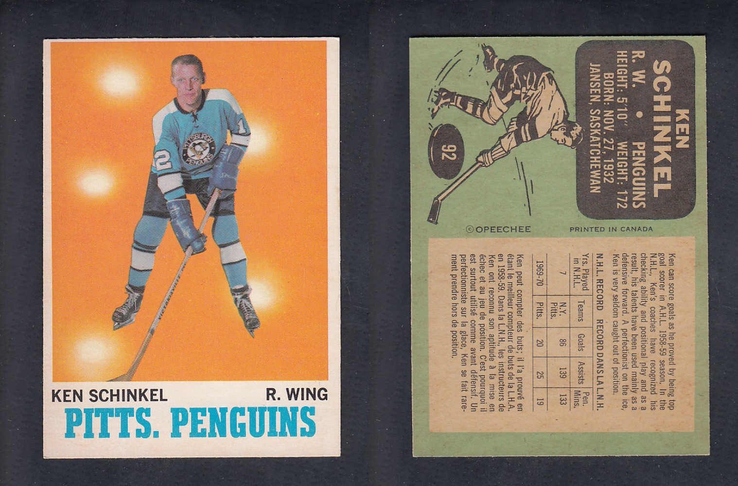 1970-71 O-PEE-CHEE HOCKEY CARD #92 K. SCHINKEL photo 1970-71 O-PEE-CHEE HOCKEY CARD #92 K. SCHINKEL photo