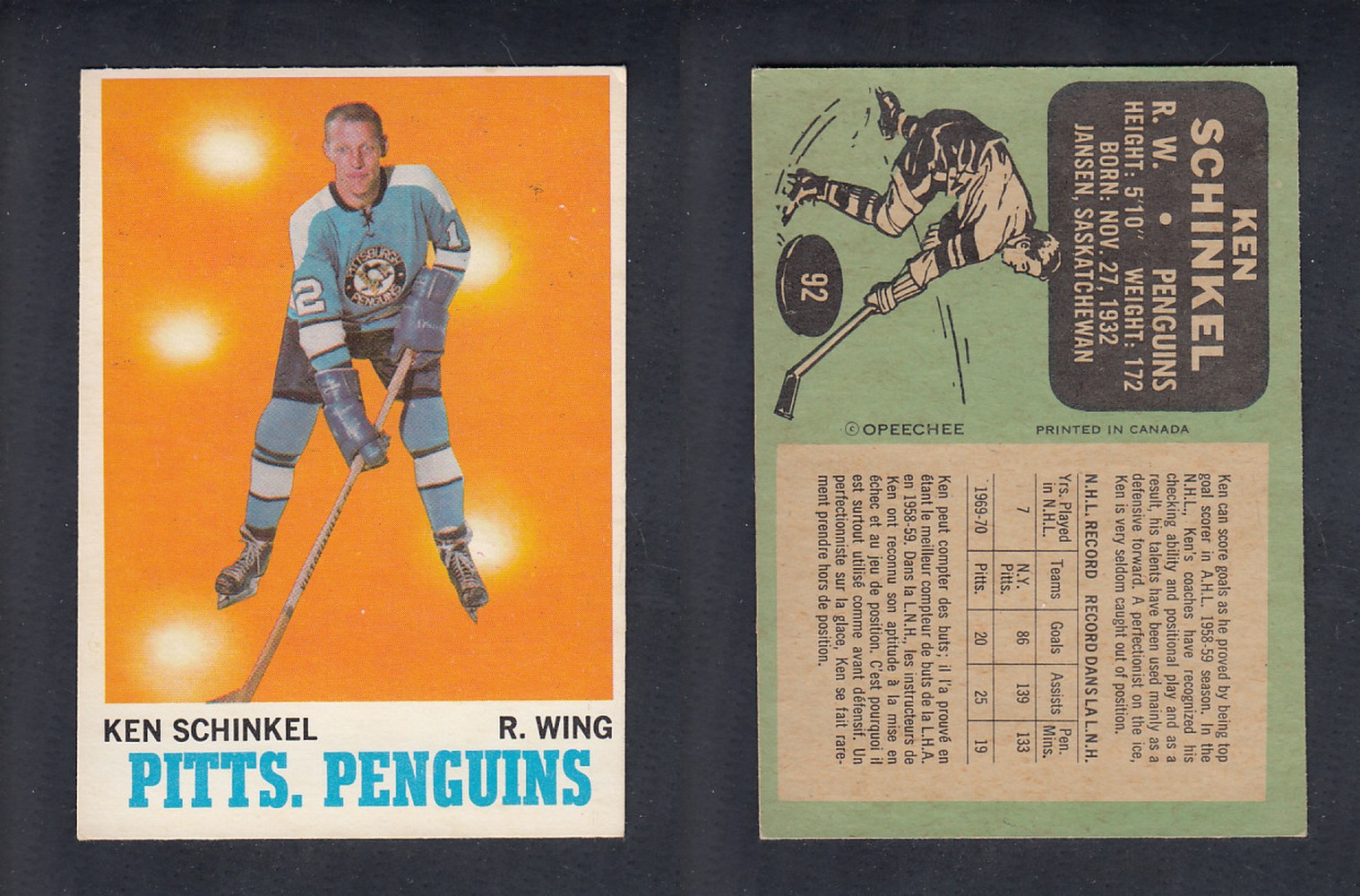 1970-71 O-PEE-CHEE HOCKEY CARD #92 K. SCHINKEL photo 1970-71 O-PEE-CHEE HOCKEY CARD #92 K. SCHINKEL photo