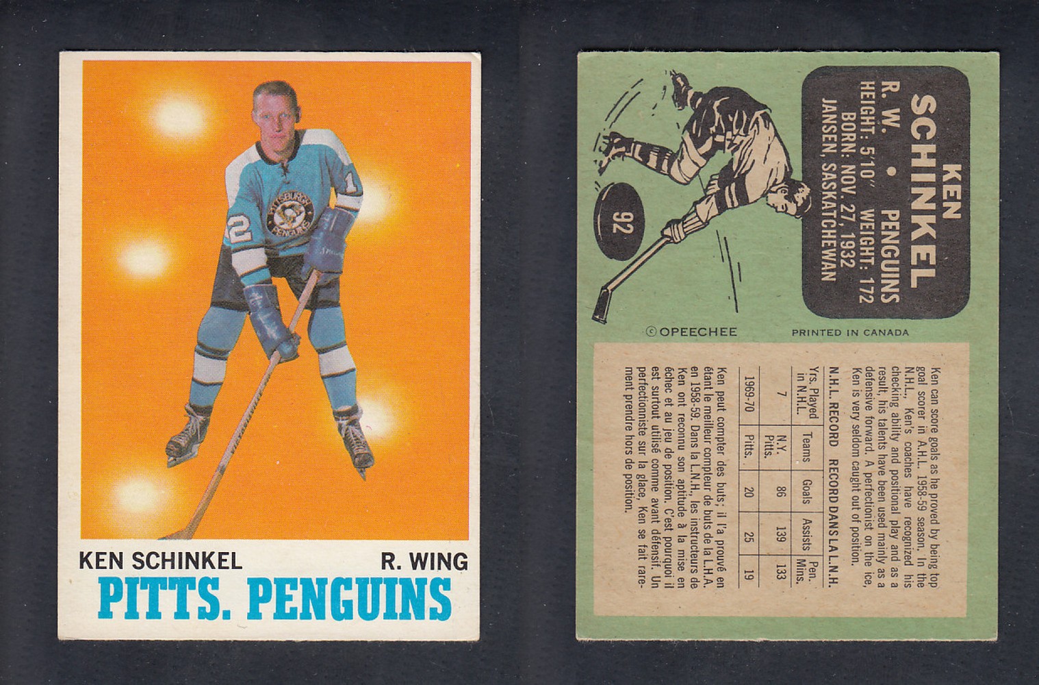 1970-71 O-PEE-CHEE HOCKEY CARD #92 K. SCHINKEL photo 1970-71 O-PEE-CHEE HOCKEY CARD #92 K. SCHINKEL photo