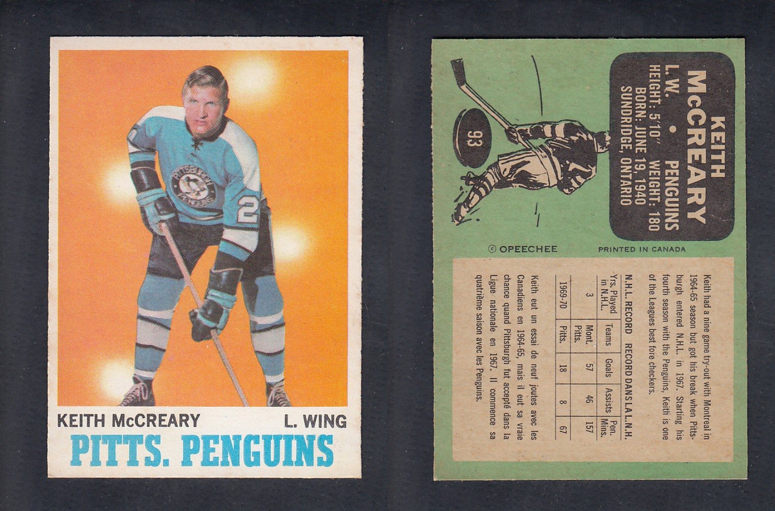1970-71 O-PEE-CHEE HOCKEY CARD #93 K. MCCREARY photo 1970-71 O-PEE-CHEE HOCKEY CARD #93 K. MCCREARY photo