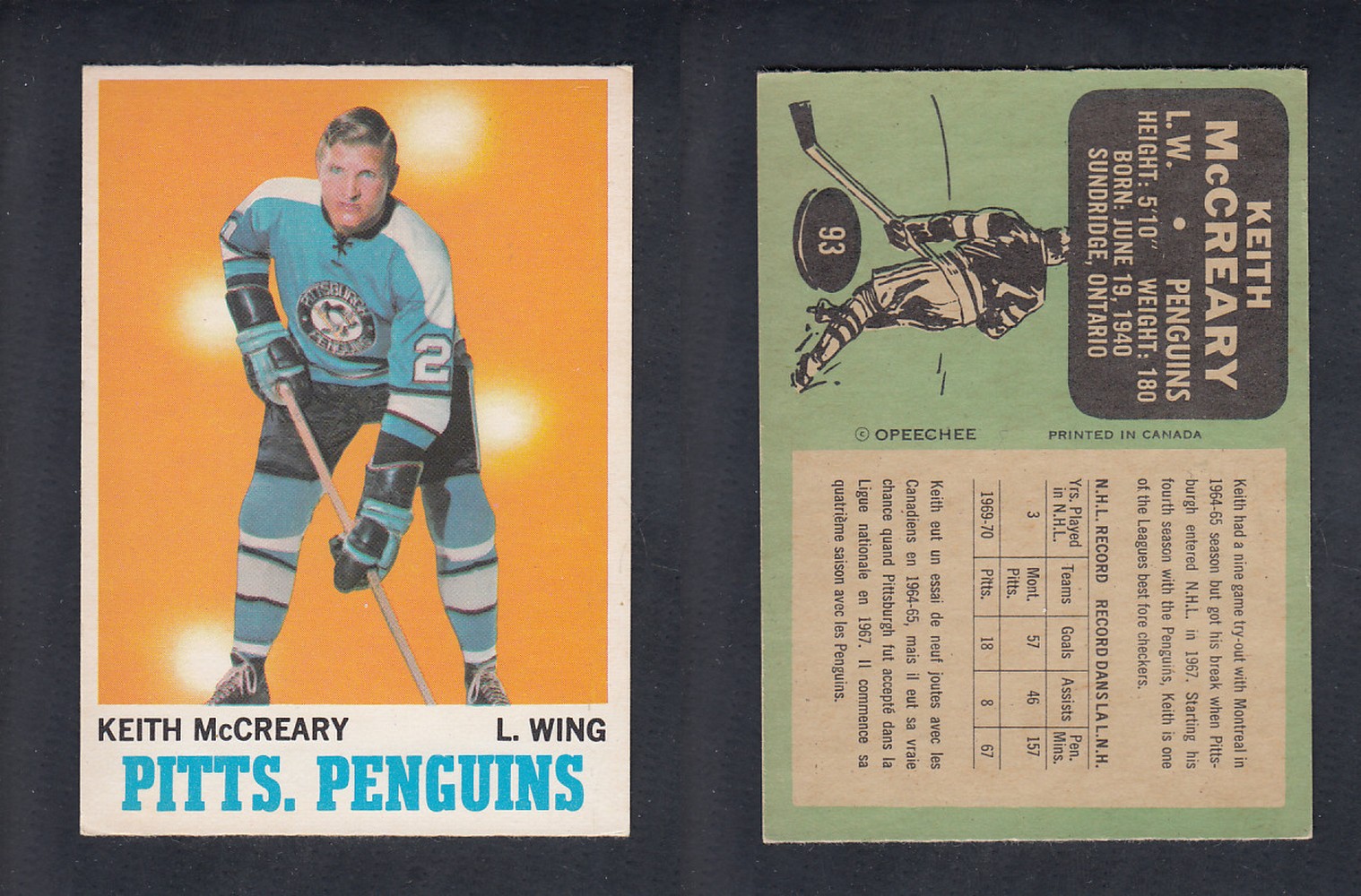 1970-71 O-PEE-CHEE HOCKEY CARD #93 K. MCCREARY photo 1970-71 O-PEE-CHEE HOCKEY CARD #93 K. MCCREARY photo