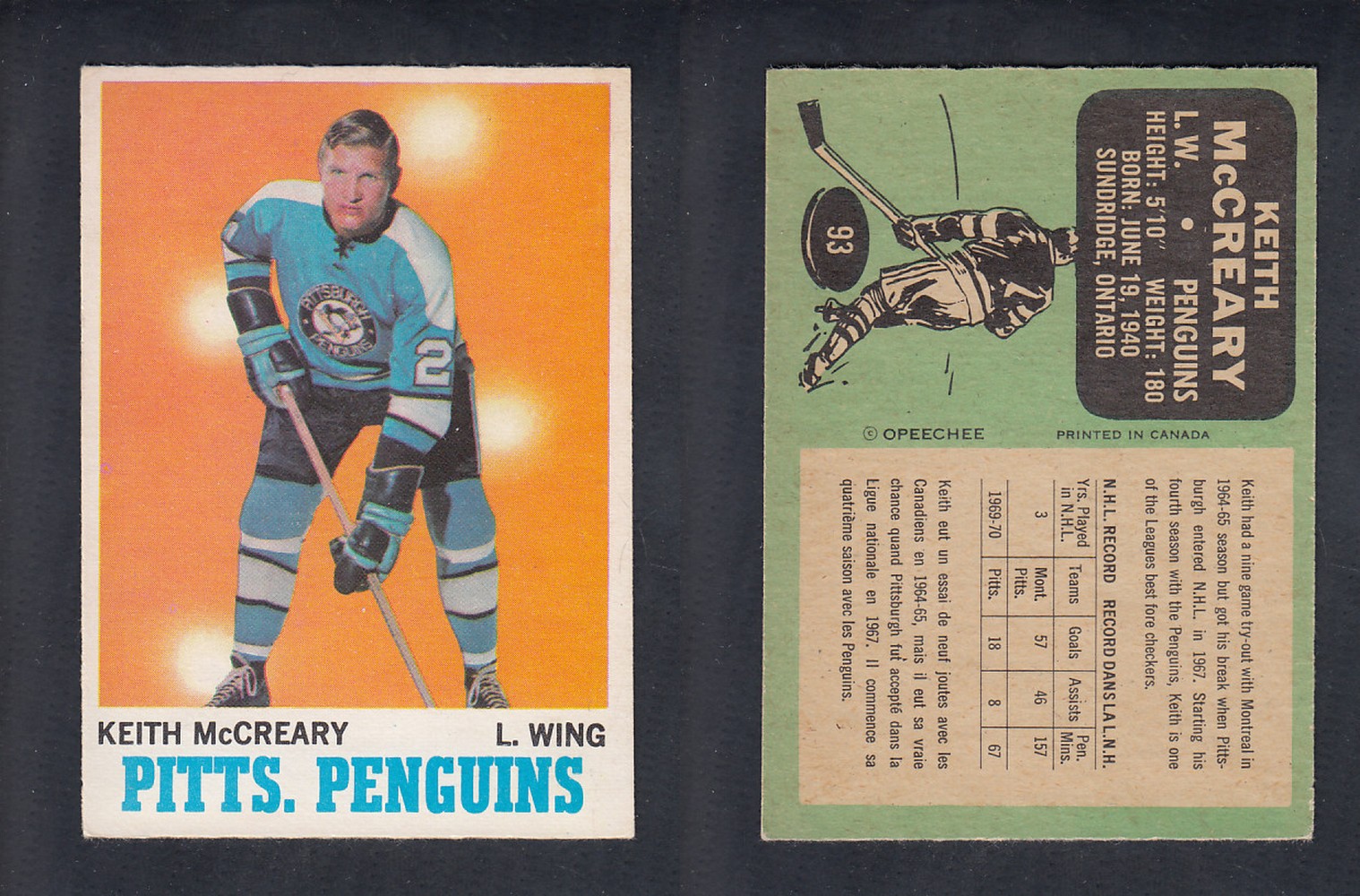 1970-71 O-PEE-CHEE HOCKEY CARD #93 K. MCCREARY photo 1970-71 O-PEE-CHEE HOCKEY CARD #93 K. MCCREARY photo