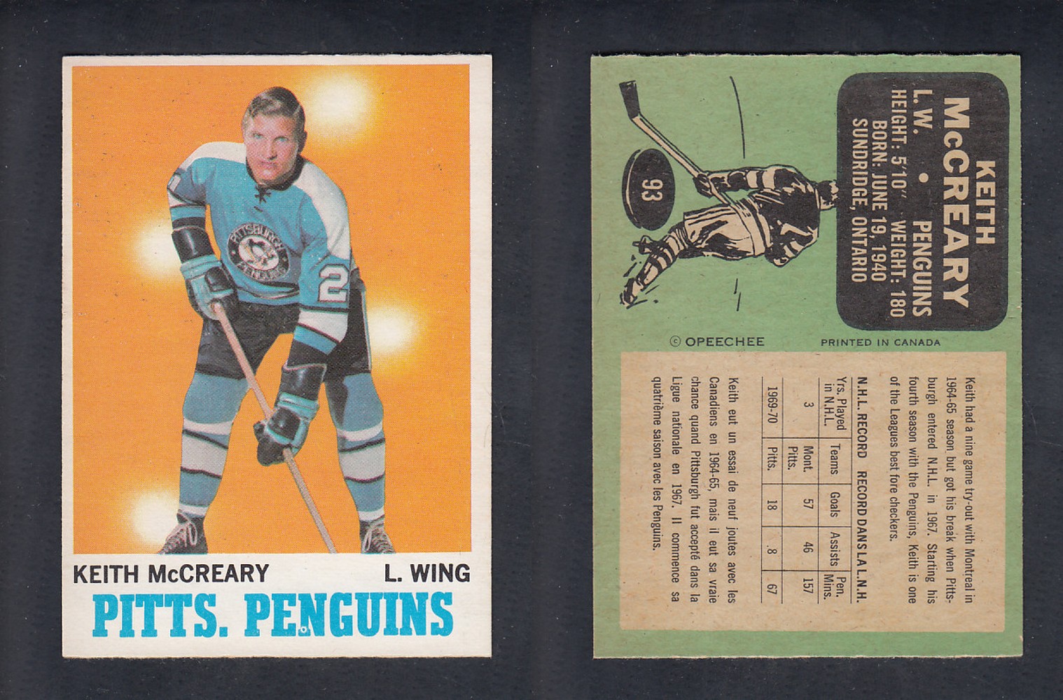1970-71 O-PEE-CHEE HOCKEY CARD #93 K. MCCREARY photo 1970-71 O-PEE-CHEE HOCKEY CARD #93 K. MCCREARY photo