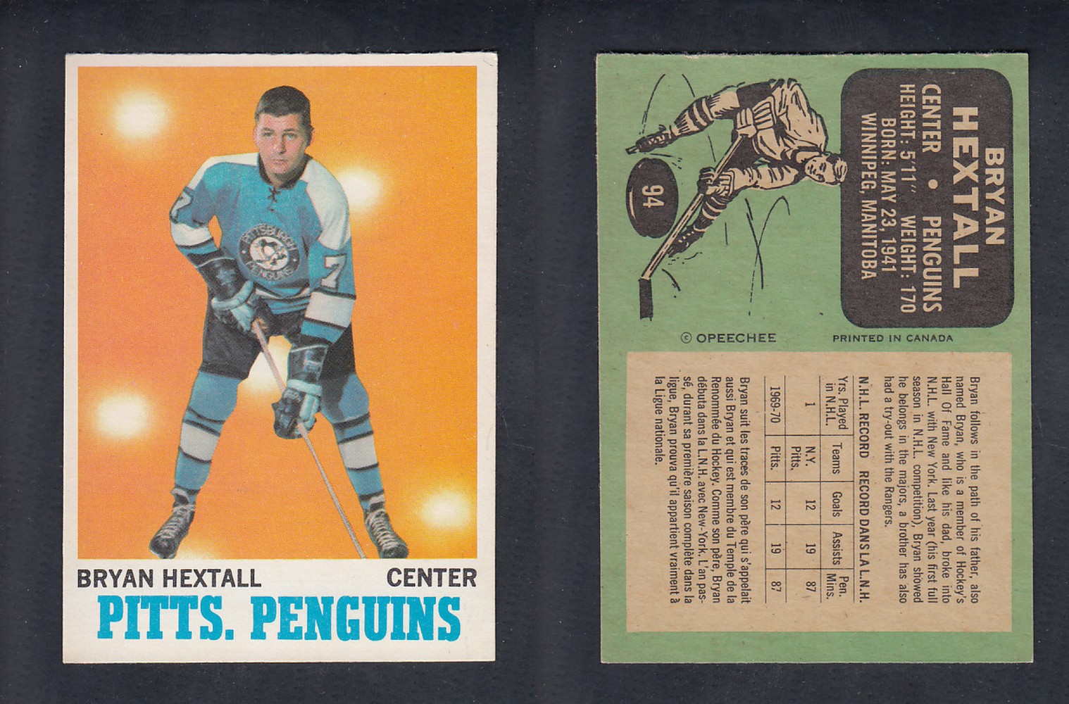 1970-71 O-PEE-CHEE HOCKEY CARD #94 B.HEXTALL photo 1970-71 O-PEE-CHEE HOCKEY CARD #94 B.HEXTALL photo