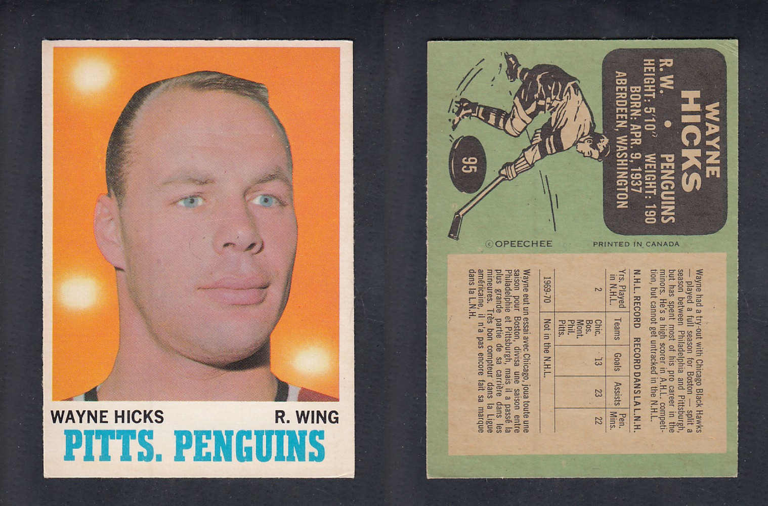 1970-71 O-PEE-CHEE HOCKEY CARD #95 W. HICKS photo 1970-71 O-PEE-CHEE HOCKEY CARD #95 W. HICKS photo