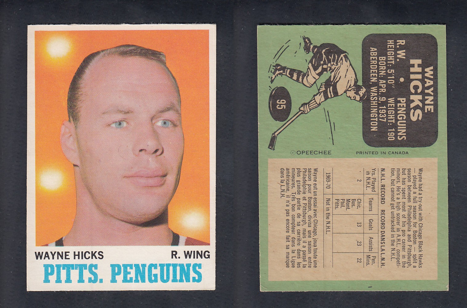 1970-71 O-PEE-CHEE HOCKEY CARD #95 W. HICKS photo 1970-71 O-PEE-CHEE HOCKEY CARD #95 W. HICKS photo