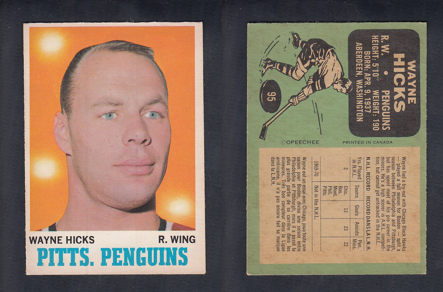 1970-71 O-PEE-CHEE HOCKEY CARD #95 W. HICKS photo 1970-71 O-PEE-CHEE HOCKEY CARD #95 W. HICKS photo