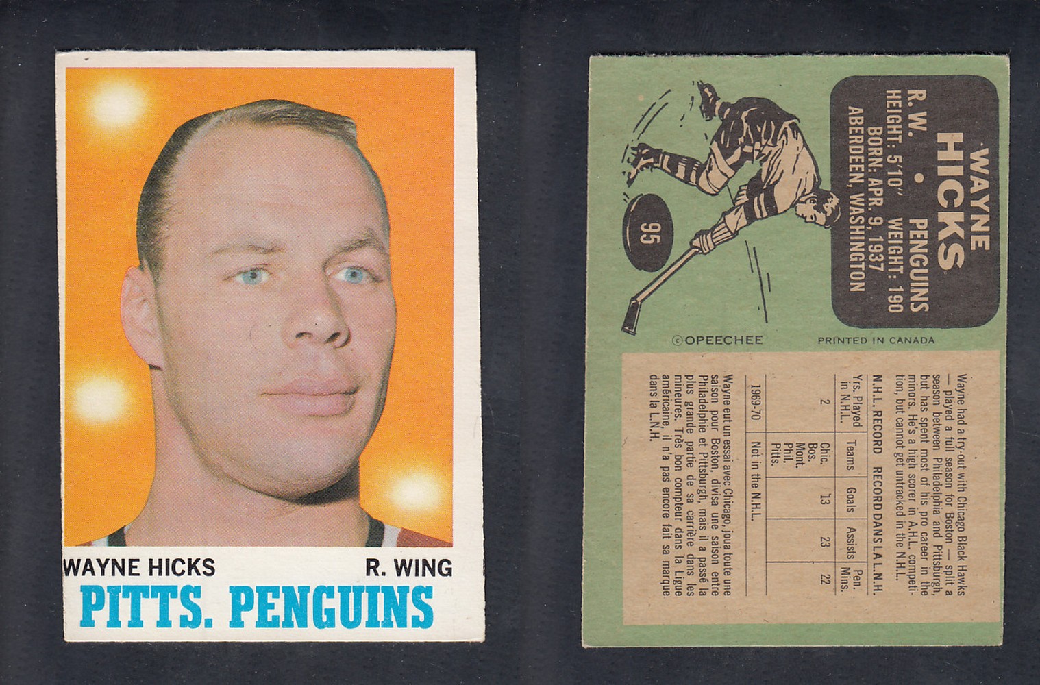 1970-71 O-PEE-CHEE HOCKEY CARD #95 W. HICKS photo 1970-71 O-PEE-CHEE HOCKEY CARD #95 W. HICKS photo