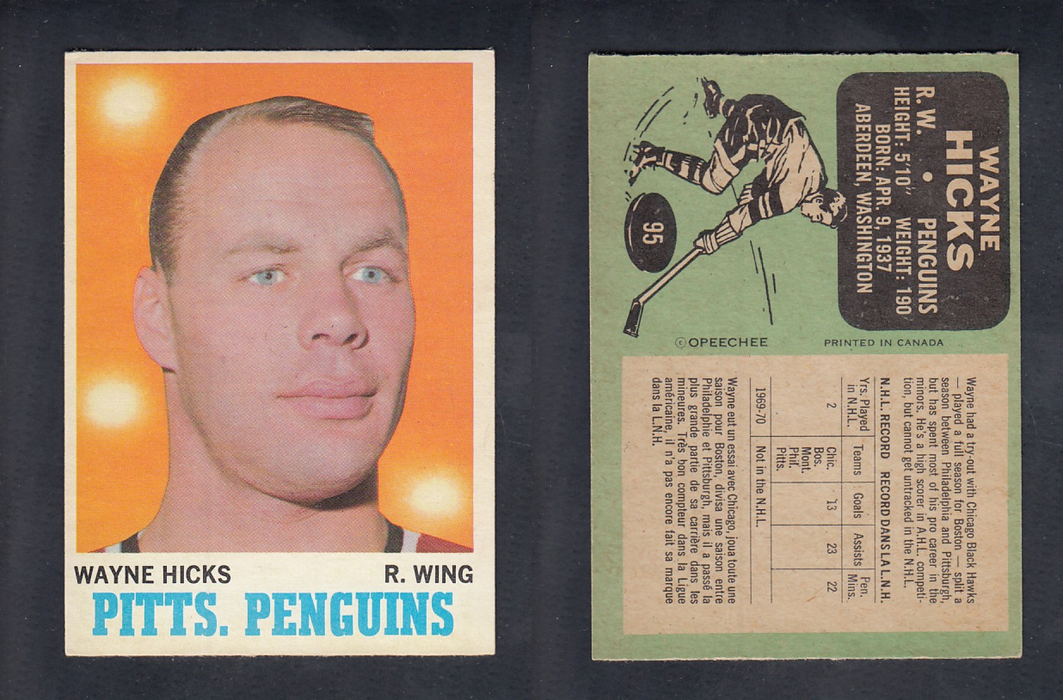1970-71 O-PEE-CHEE HOCKEY CARD #95 W. HICKS photo 1970-71 O-PEE-CHEE HOCKEY CARD #95 W. HICKS photo