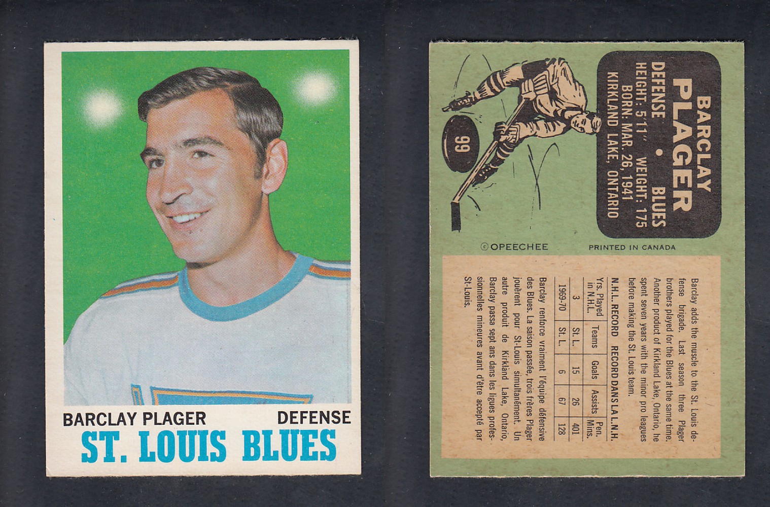 1970-71 O-PEE-CHEE HOCKEY CARD #99 B. PLAGER photo 1970-71 O-PEE-CHEE HOCKEY CARD #99 B. PLAGER photo