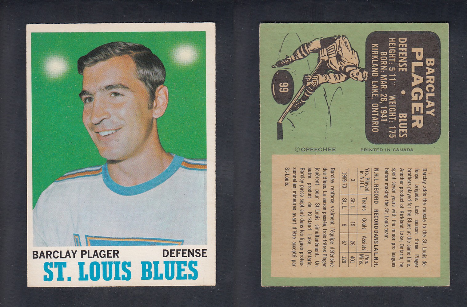 1970-71 O-PEE-CHEE HOCKEY CARD #99 B. PLAGER photo 1970-71 O-PEE-CHEE HOCKEY CARD #99 B. PLAGER photo