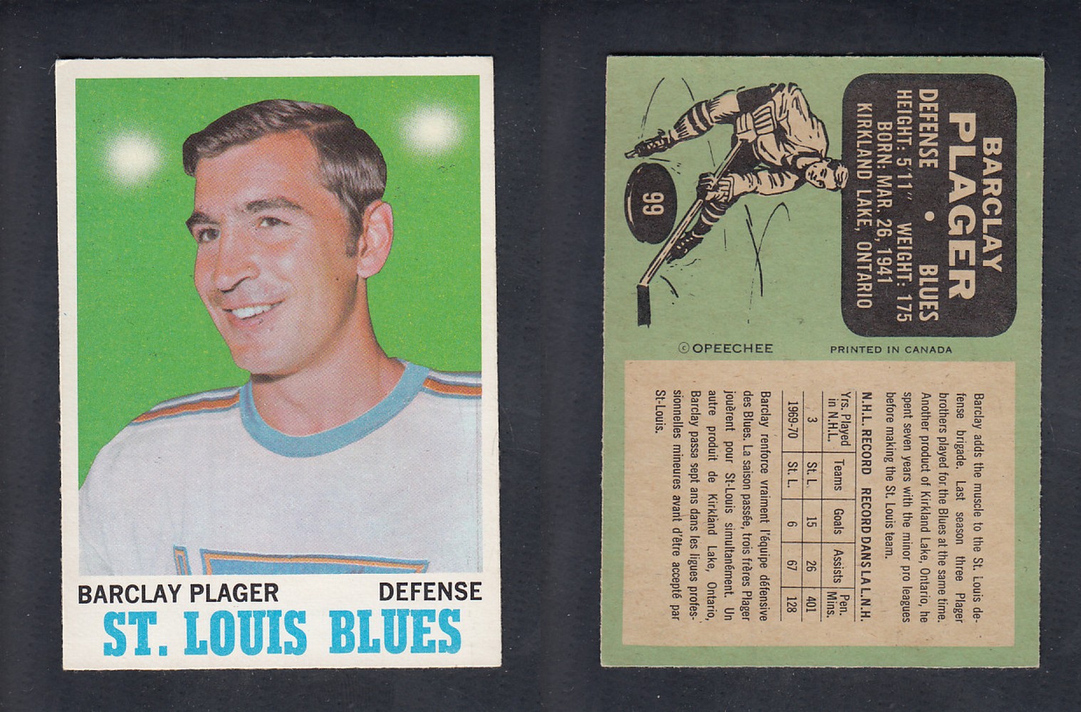 1970-71 O-PEE-CHEE HOCKEY CARD #99 B. PLAGER photo 1970-71 O-PEE-CHEE HOCKEY CARD #99 B. PLAGER photo