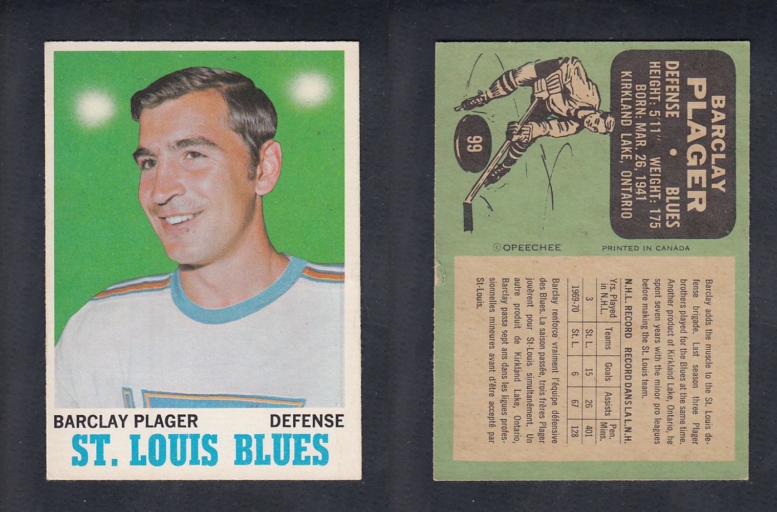 1970-71 O-PEE-CHEE HOCKEY CARD #99 B. PLAGER photo 1970-71 O-PEE-CHEE HOCKEY CARD #99 B. PLAGER photo
