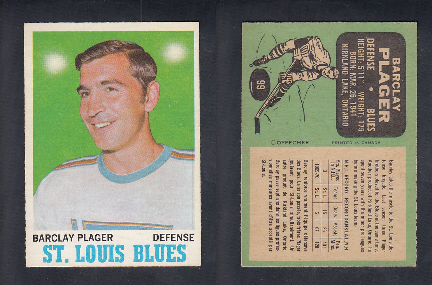 1970-71 O-PEE-CHEE HOCKEY CARD #99 B. PLAGER photo 1970-71 O-PEE-CHEE HOCKEY CARD #99 B. PLAGER photo