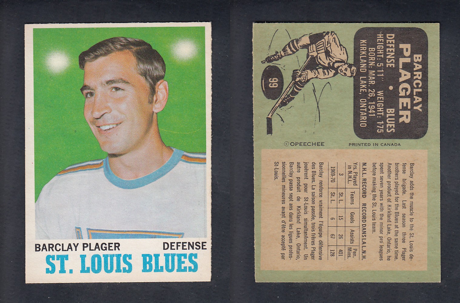 1970-71 O-PEE-CHEE HOCKEY CARD #99 B. PLAGER photo 1970-71 O-PEE-CHEE HOCKEY CARD #99 B. PLAGER photo