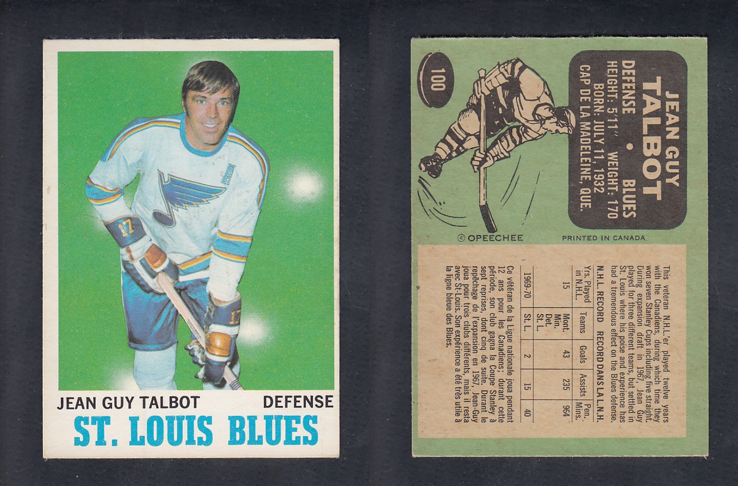 1970-71 O-PEE-CHEE HOCKEY CARD #100 J.G. TALBOT photo 1970-71 O-PEE-CHEE HOCKEY CARD #100 J.G. TALBOT photo