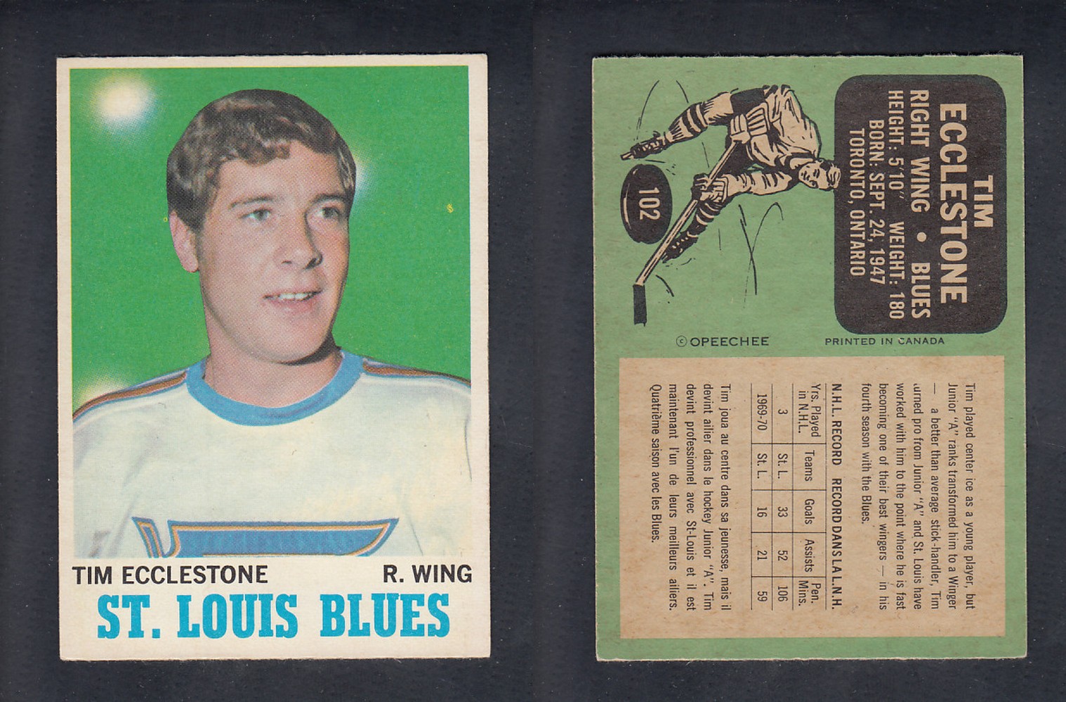 1970-71 O-PEE-CHEE HOCKEY CARD  #102 T. ECCLESTONE photo