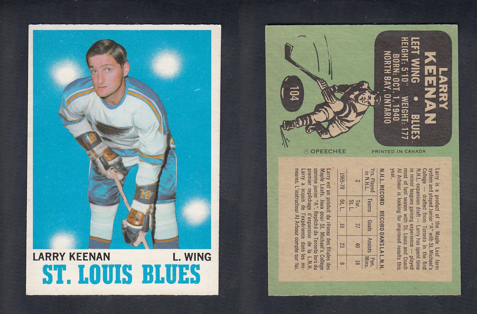 1970-71 O-PEE-CHEE HOCKEY CARD #104 L. KEENAN photo 1970-71 O-PEE-CHEE HOCKEY CARD #104 L. KEENAN photo