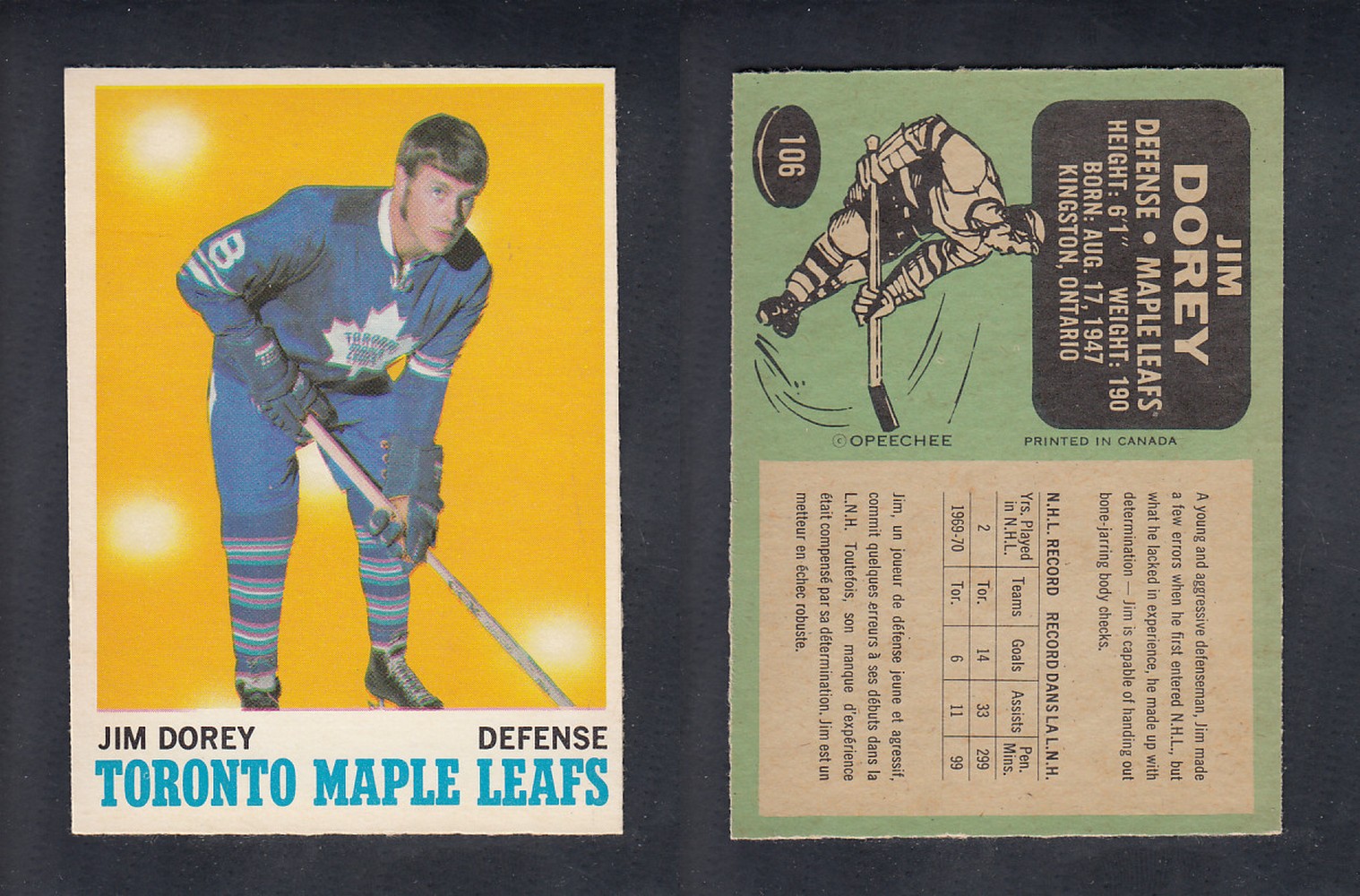 1970-71 O-PEE-CHEE HOCKEY CARD  #106  J. DOREY photo