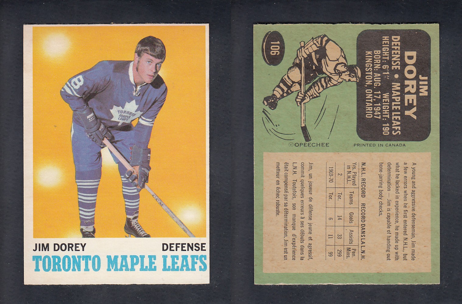1970-71 O-PEE-CHEE HOCKEY CARD #106 J. DOREY photo 1970-71 O-PEE-CHEE HOCKEY CARD #106 J. DOREY photo