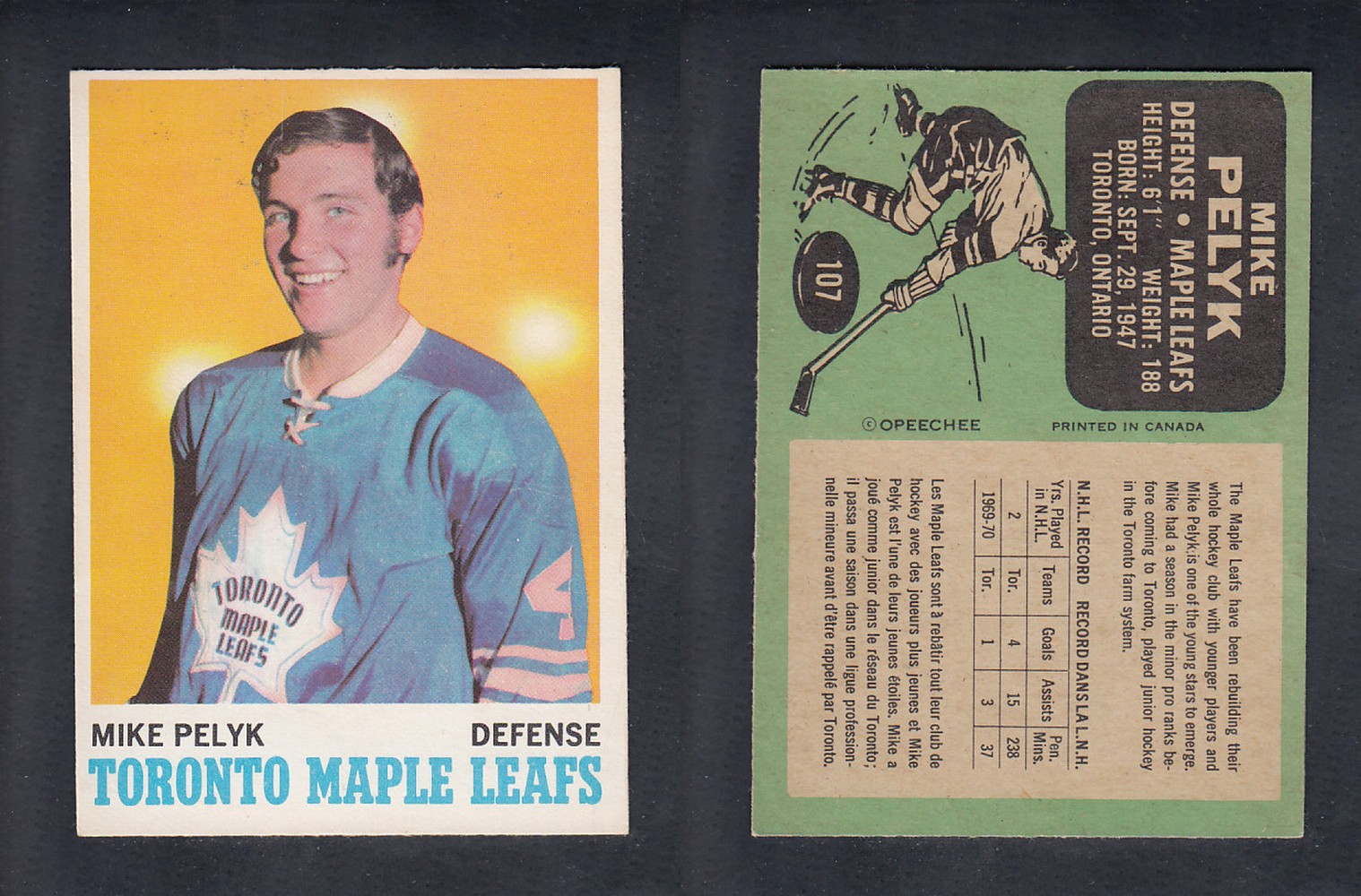 1970-71 O-PEE-CHEE HOCKEY CARD #107 M. PELYK photo 1970-71 O-PEE-CHEE HOCKEY CARD #107 M. PELYK photo