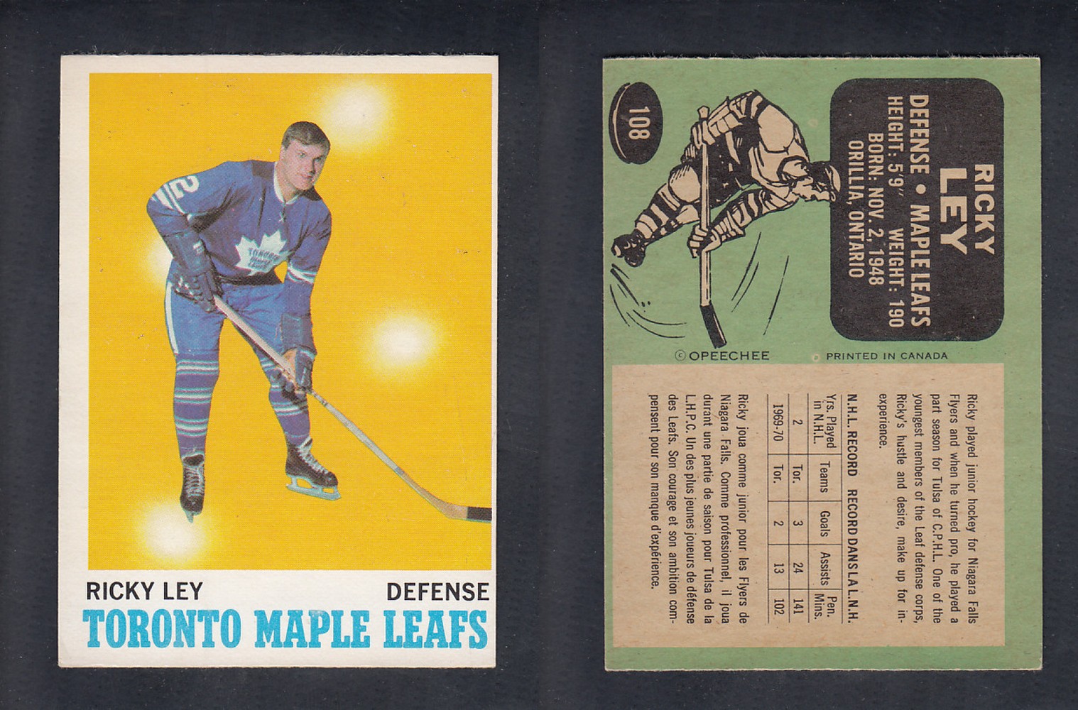 1970-71 O-PEE-CHEE HOCKEY CARD #108 R. LEY photo 1970-71 O-PEE-CHEE HOCKEY CARD #108 R. LEY photo