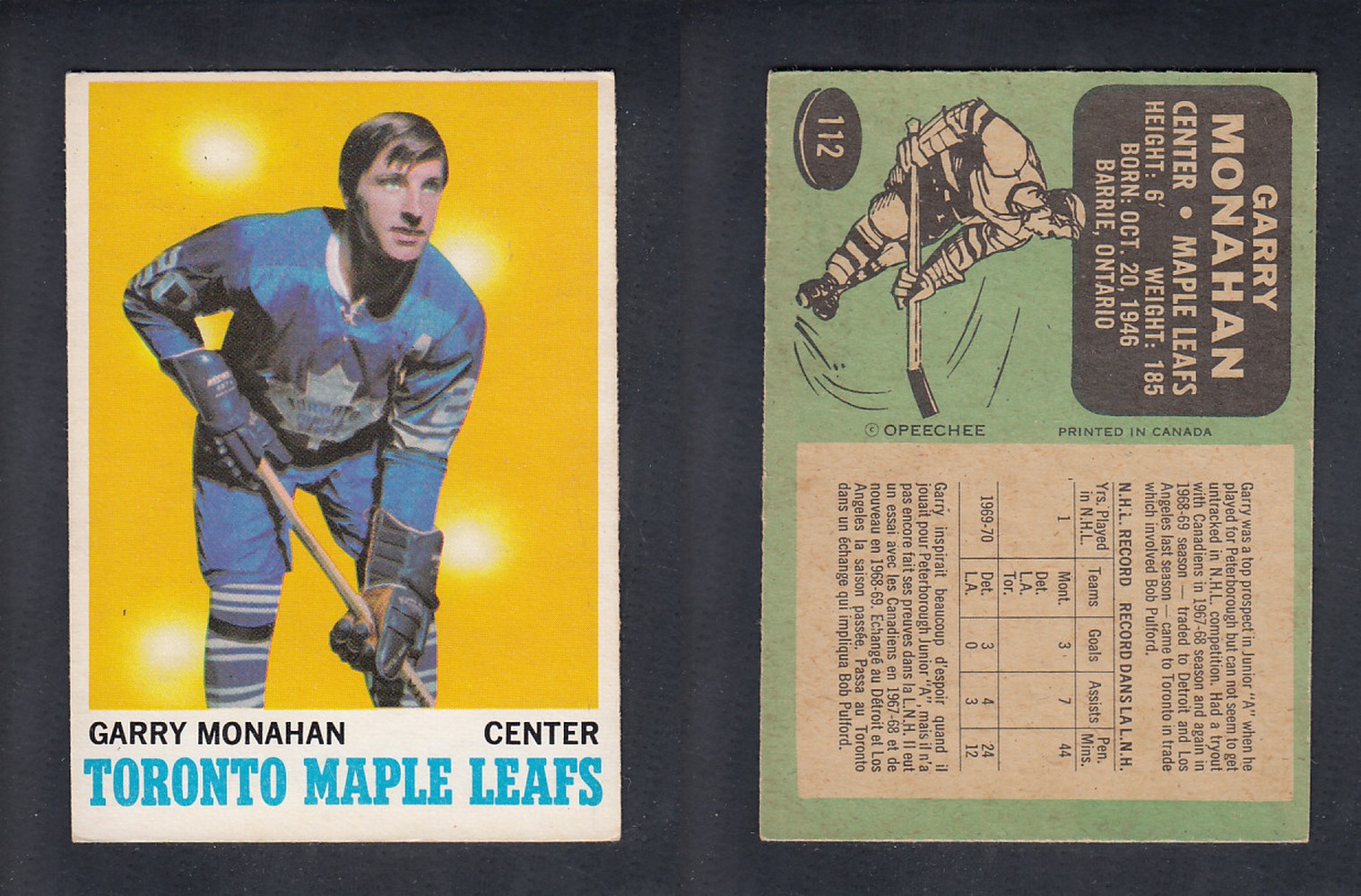 1970-71 O-PEE-CHEE HOCKEY CARD  #112 G. MONAHAN photo