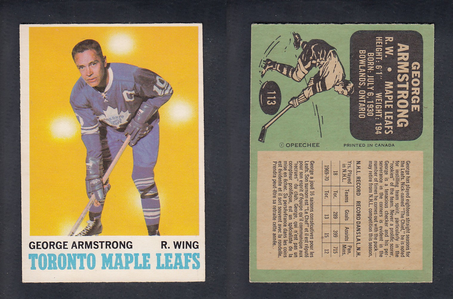 1970-71 O-PEE-CHEE HOCKEY CARD #113 G. AMRSTONG photo 1970-71 O-PEE-CHEE HOCKEY CARD #113 G. AMRSTONG photo
