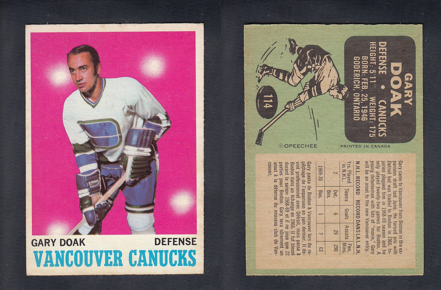 1970-71 O-PEE-CHEE HOCKEY CARD  #114  G. DOAK photo