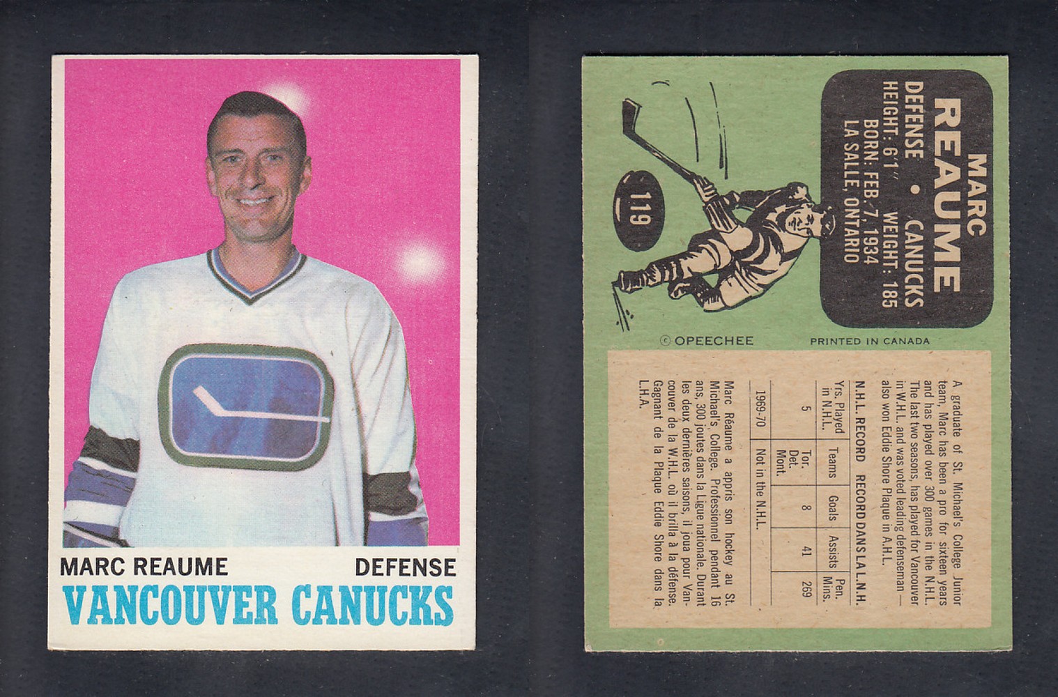 1970-71 O-PEE-CHEE HOCKEY CARD #119 M. REAUME photo 1970-71 O-PEE-CHEE HOCKEY CARD #119 M. REAUME photo