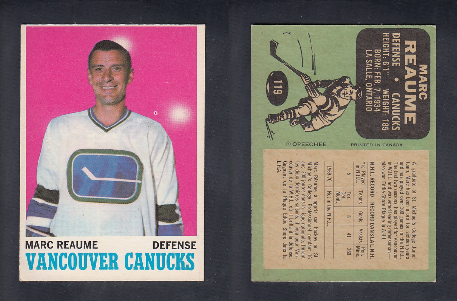 1970-71 O-PEE-CHEE HOCKEY CARD #119 M. REAUME photo 1970-71 O-PEE-CHEE HOCKEY CARD #119 M. REAUME photo